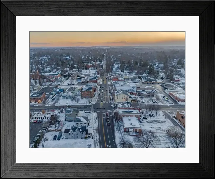 Framed Print : Early evening winter aerial photo of the four corners in the Village of Pittsford, New York. (01-14-2024) Framed Print : Early evening winter aerial photo of the four corners in the Village of Pittsford, New York. (01-14-2024)