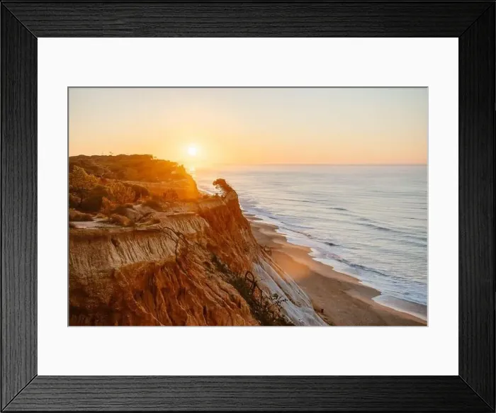 Framed Print : Amazing landscape of Falesia beach with orange cliffs at sunrise, Algarve, Portugal