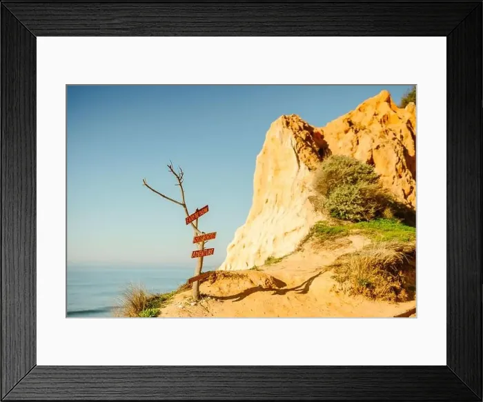 Framed Print : Sign of possibilities at Falesia beach with orange cliffs in Algarve, Portugal Framed Print : Sign of possibilities at Falesia beach with orange cliffs in Algarve, Portugal