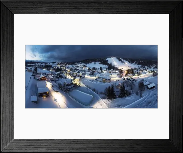 Framed Print : Panorama of winter fairytale village on snowy mountain landscape, Slovakia Framed Print : Panorama of winter fairytale village on snowy mountain landscape, Slovakia