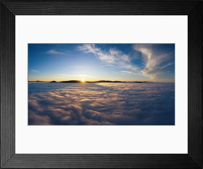 Framed Print : Beautiful landscape with high mountains sticking out of fluffy clouds at sunrise from aerial view Framed Print : Beautiful landscape with high mountains sticking out of fluffy clouds at sunrise from aerial view