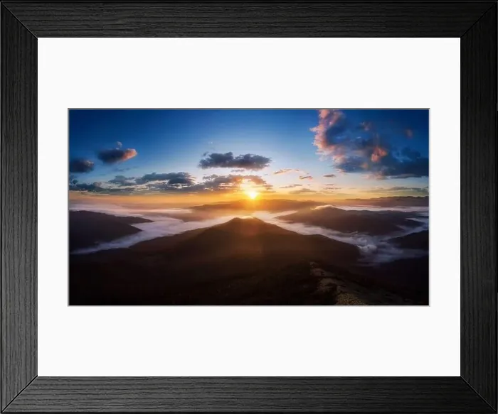 Framed Print : Dramatic landscape in Carpathian mountains with morning fog in valley and beautiful sky at sunrise