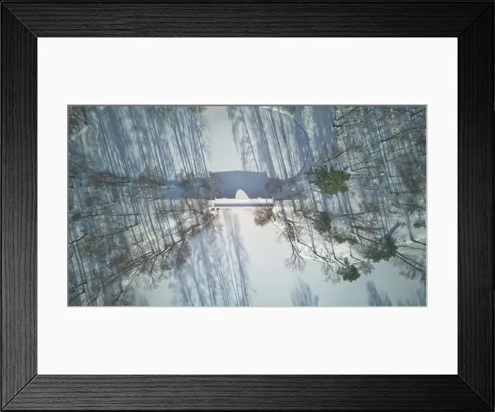 Framed Print : Aerial view of the bridge in the park, frozen pond, long shadow of trees, beautiful winter scenery Framed Print : Aerial view of the bridge in the park, frozen pond, long shadow of trees, beautiful winter scenery