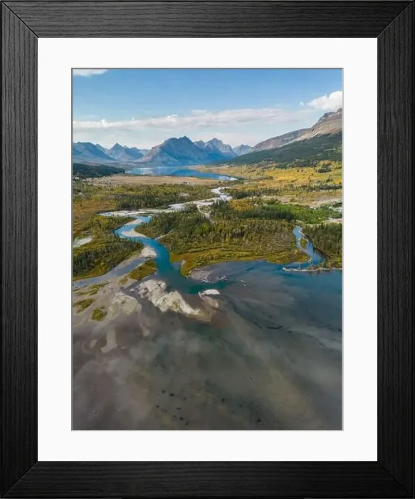 Framed Print : Aerial view from Lower St Mary lake looking towards Glacier National Park in the fall