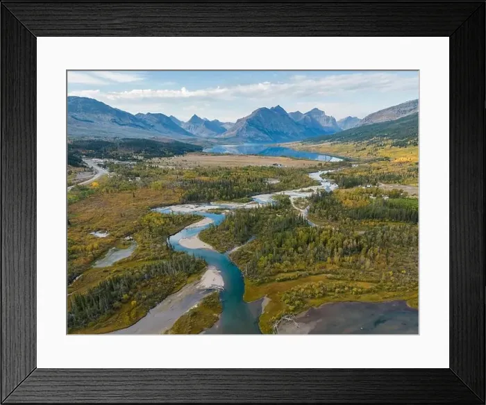 Framed Print : Aerial view from Lower St Mary lake looking towards Glacier National Park in the fall