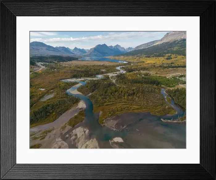 Framed Print : Aerial view from Lower St Mary lake looking towards Glacier National Park in the fall Framed Print : Aerial view from Lower St Mary lake looking towards Glacier National Park in the fall