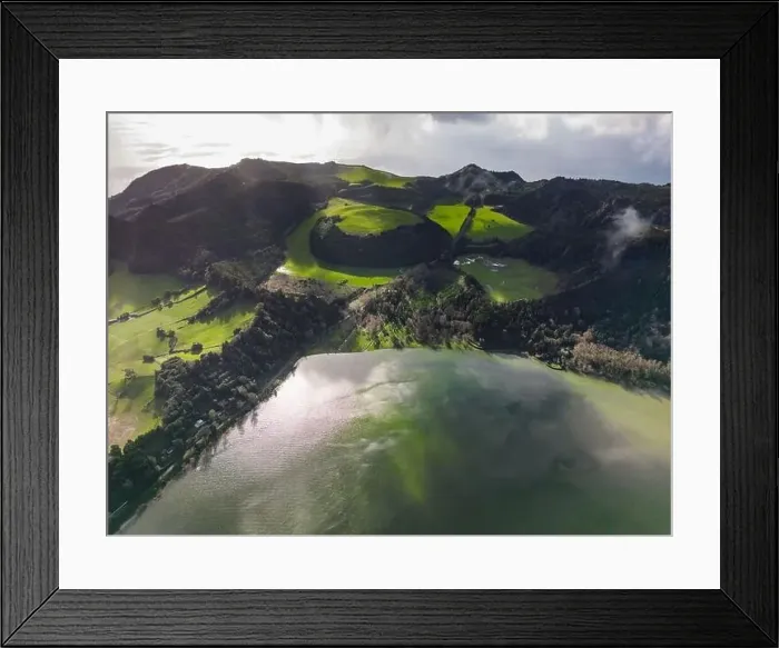 Framed Print : Hot and geothermal pools with park and mountains with forest in the background in the famous Furnas Framed Print : Hot and geothermal pools with park and mountains with forest in the background in the famous Furnas