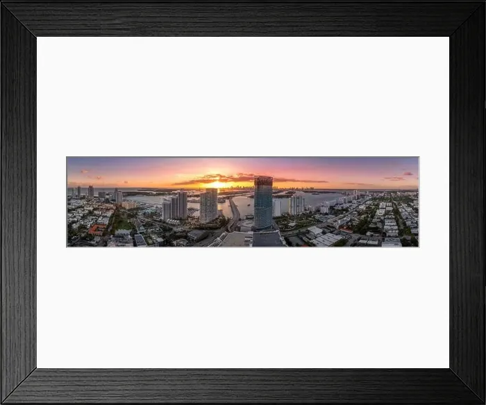 Framed Print : Aerial sunset of Miami Beach luxury sky scraper condo complex with colorful sky Framed Print : Aerial sunset of Miami Beach luxury sky scraper condo complex with colorful sky