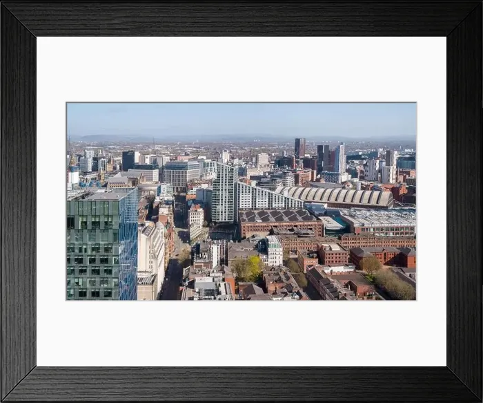 Framed Print : Wide panoramic aerial image looking up Quay St of One Spinningfields Framed Print : Wide panoramic aerial image looking up Quay St of One Spinningfields