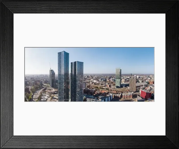 Framed Print : Panoramic aerial photograph of Deansgate Square residential towers with Crown Street Framed Print : Panoramic aerial photograph of Deansgate Square residential towers with Crown Street