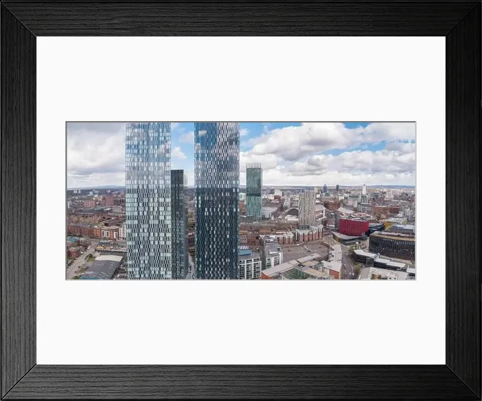 Framed Print : Aerial photograph of the top two Deansgate Square residential apartment towers with Manchester city centre Framed Print : Aerial photograph of the top two Deansgate Square residential apartment towers with Manchester city centre