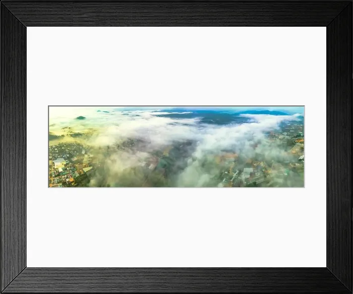 Framed Print : Aerial view of the Xuan Tho suburbs near Da Lat city at morning with misty sky in Vietnam highlands Framed Print : Aerial view of the Xuan Tho suburbs near Da Lat city at morning with misty sky in Vietnam highlands