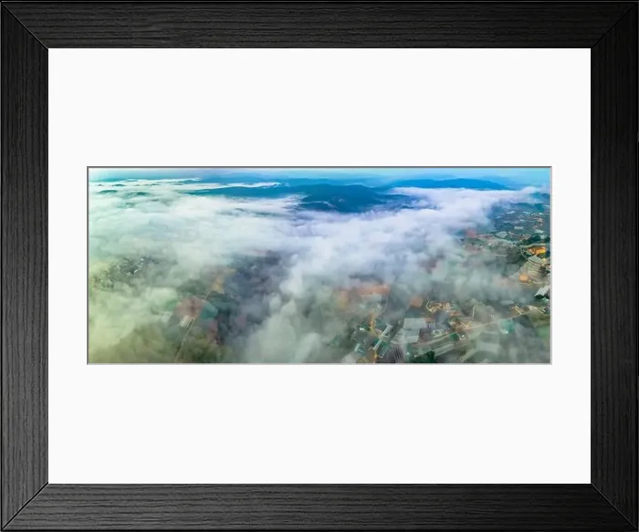 Framed Print : Aerial view of the Xuan Tho suburbs near Da Lat city at morning with misty sky in Vietnam highlands Framed Print : Aerial view of the Xuan Tho suburbs near Da Lat city at morning with misty sky in Vietnam highlands