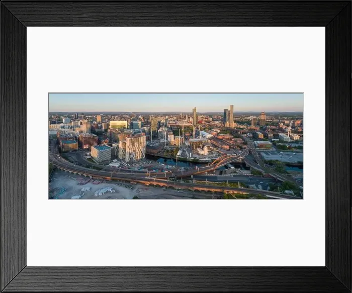 Framed Print : Panoramic aerial image of Manchester city centre with Ordsall Chord and the construction of Manchester Goods Yard Framed Print : Panoramic aerial image of Manchester city centre with Ordsall Chord and the construction of Manchester Goods Yard