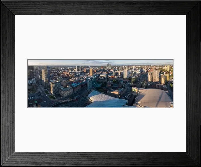 Framed Print : Wide panoramic aerial photograph of Manchester and Salford city centres Framed Print : Wide panoramic aerial photograph of Manchester and Salford city centres