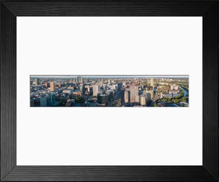 Framed Print : Very wide panoramic aerial image of Manchester and Salford city centres Framed Print : Very wide panoramic aerial image of Manchester and Salford city centres