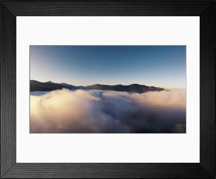 Framed Print : Mountains covered with fog early in the morning. Dawn at the top of the mountain. Aerial photography Framed Print : Mountains covered with fog early in the morning. Dawn at the top of the mountain. Aerial photography