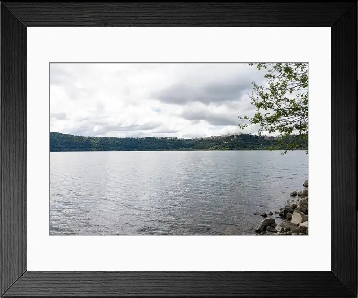 Framed Print : Photograph taken in Castel Gandolfo, Italy, featuring a view of the lake and mountains with a distant cityscape Framed Print : Photograph taken in Castel Gandolfo, Italy, featuring a view of the lake and mountains with a distant cityscape