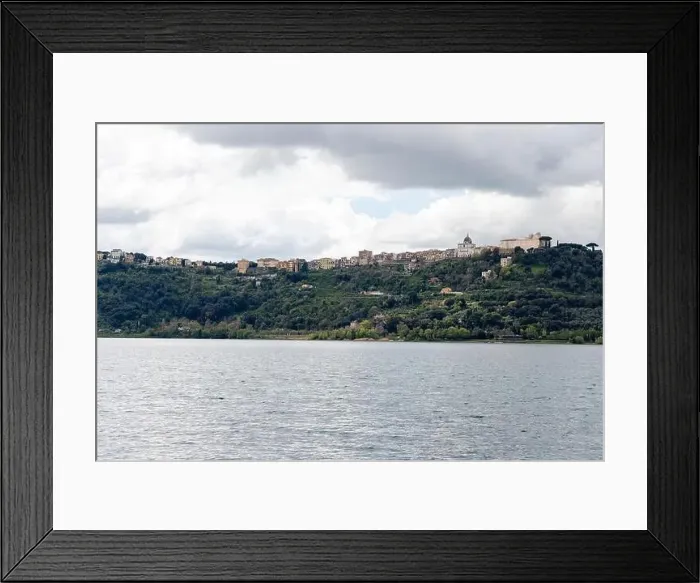 Framed Print : Photograph taken in Castel Gandolfo, Italy, featuring a view of the lake and mountains with a distant cityscape Framed Print : Photograph taken in Castel Gandolfo, Italy, featuring a view of the lake and mountains with a distant cityscape