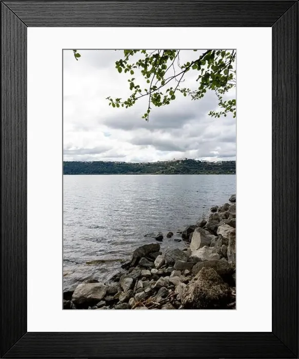 Framed Print : Photograph taken in Castel Gandolfo, Italy, featuring a view of the lake and mountains with a distant cityscape Framed Print : Photograph taken in Castel Gandolfo, Italy, featuring a view of the lake and mountains with a distant cityscape