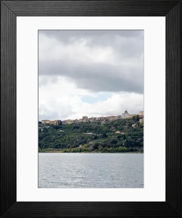 Framed Print : Photograph taken in Castel Gandolfo, Italy, featuring a view of the lake and mountains with a distant cityscape Framed Print : Photograph taken in Castel Gandolfo, Italy, featuring a view of the lake and mountains with a distant cityscape