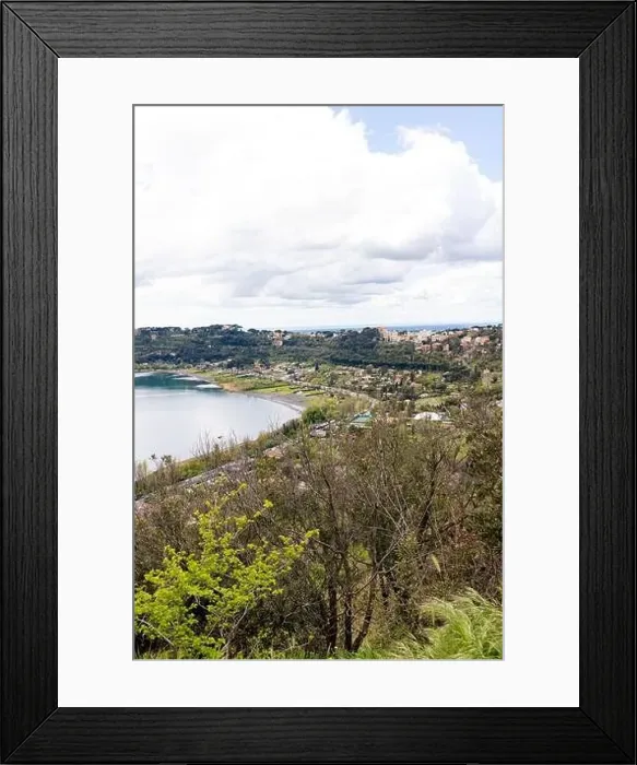 Framed Print : Photograph taken in Castel Gandolfo, Italy, featuring a view of the lake and mountains with a distant cityscape Framed Print : Photograph taken in Castel Gandolfo, Italy, featuring a view of the lake and mountains with a distant cityscape