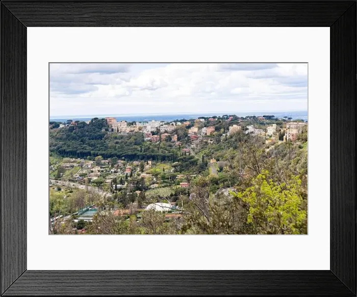 Framed Print : Photograph taken in Castel Gandolfo, Italy, featuring a view of the lake and mountains with a distant cityscape Framed Print : Photograph taken in Castel Gandolfo, Italy, featuring a view of the lake and mountains with a distant cityscape