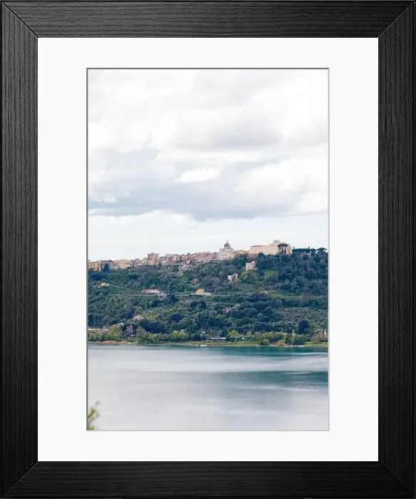Framed Print : Photograph taken in Castel Gandolfo, Italy, featuring a view of the lake and mountains with a distant cityscape Framed Print : Photograph taken in Castel Gandolfo, Italy, featuring a view of the lake and mountains with a distant cityscape