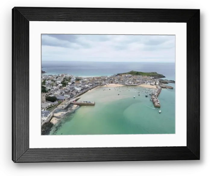 Framed Print : St Ives Cornwall on calm summers day drone, aerial high angle Framed Print : St Ives Cornwall on calm summers day drone, aerial high angle