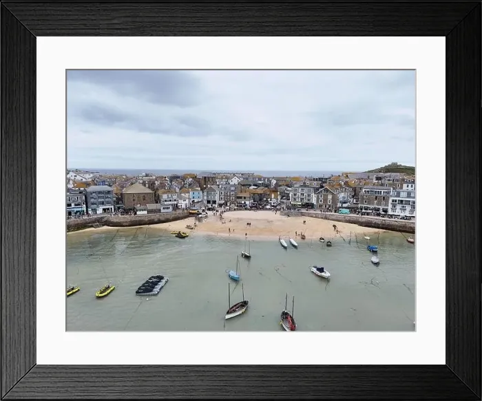 Framed Print : Small beach in harbour St Ives Cornwall on calm summers day drone, aerial Framed Print : Small beach in harbour St Ives Cornwall on calm summers day drone, aerial