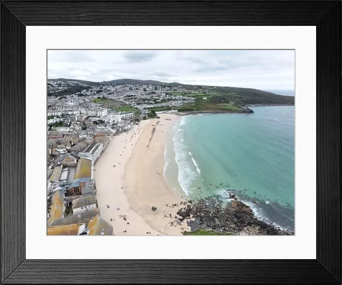 Framed Print : Porthmeor Beach St Ives Cornwall on calm summers day drone, aerial Framed Print : Porthmeor Beach St Ives Cornwall on calm summers day drone, aerial