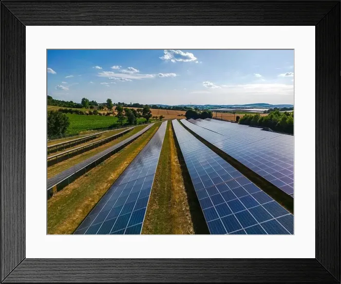 Framed Print : Solar panels in rows on a solar farm in the countryside in sunshine in autumn Framed Print : Solar panels in rows on a solar farm in the countryside in sunshine in autumn