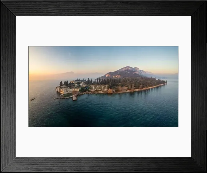 Framed Print : Punta San Vigilio - aerial drone view on a winter day of haze at sunset Framed Print : Punta San Vigilio - aerial drone view on a winter day of haze at sunset
