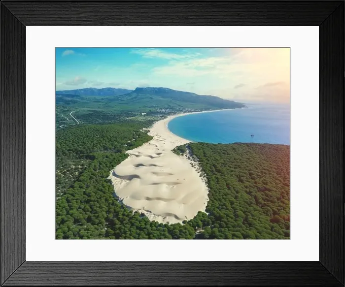 Framed Print : View from above of seascape with sandy Dune and pine forest. Playa Bolonia. Duna de Bolonia. Spain, Europe Framed Print : View from above of seascape with sandy Dune and pine forest. Playa Bolonia. Duna de Bolonia. Spain, Europe