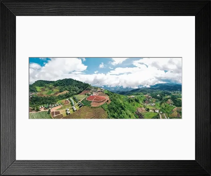 Framed Print : Drone panorama over the hill in north of Thailand. Red flower farm on the top of mountain Framed Print : Drone panorama over the hill in north of Thailand. Red flower farm on the top of mountain
