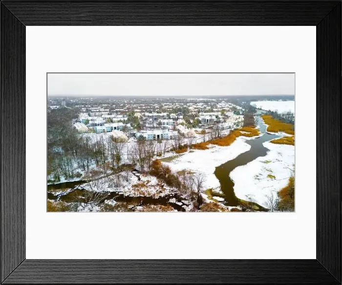 Framed Print : Rural winter aerial view of countryside village at the river covered with snow Framed Print : Rural winter aerial view of countryside village at the river covered with snow