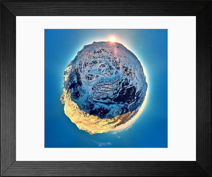 Framed Print : Breathtaking panoramic aerial 360 panorama little planet view on Snow Alps - winter mountain peaks around French Alps Framed Print : Breathtaking panoramic aerial 360 panorama little planet view on Snow Alps - winter mountain peaks around French Alps