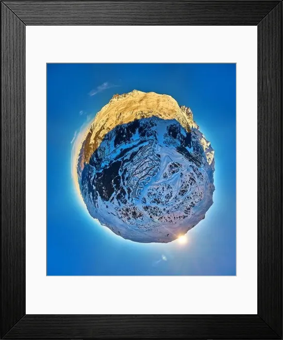Framed Print : Breathtaking panoramic aerial 360 panorama little planet view on Snow Alps - winter mountain peaks around French Alps Framed Print : Breathtaking panoramic aerial 360 panorama little planet view on Snow Alps - winter mountain peaks around French Alps