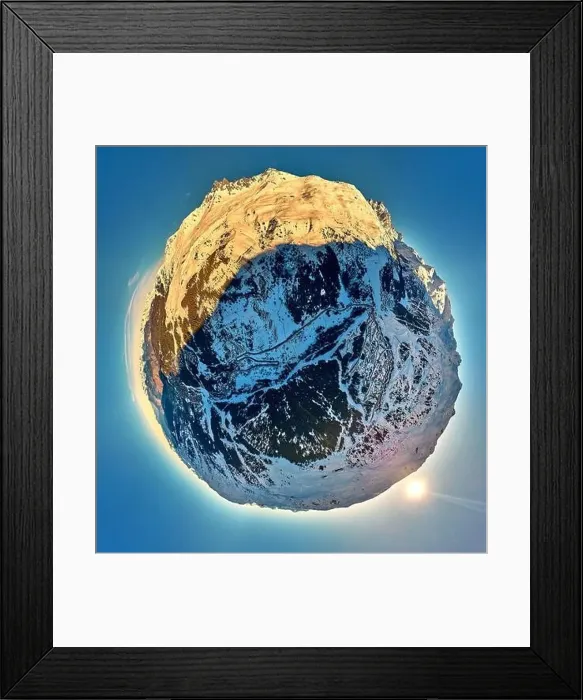 Framed Print : Breathtaking panoramic aerial 360 panorama little planet view on Snow Alps - winter mountain peaks around French Alps