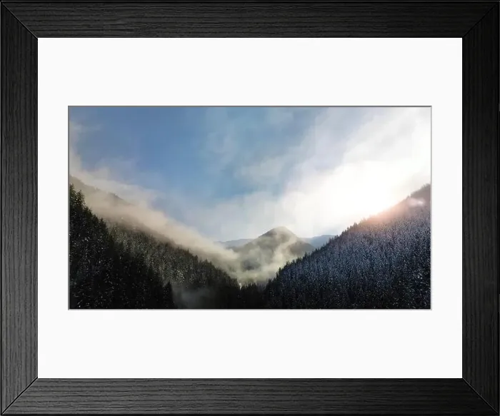 Framed Print : Aerial view of foggy winter forest and sunrise in Low Tatras mountains of Slovakia Framed Print : Aerial view of foggy winter forest and sunrise in Low Tatras mountains of Slovakia
