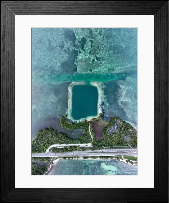 Framed Print : Aerial view of Horseshoe beach and blue hole ocean along Florida Keys coast Framed Print : Aerial view of Horseshoe beach and blue hole ocean along Florida Keys coast