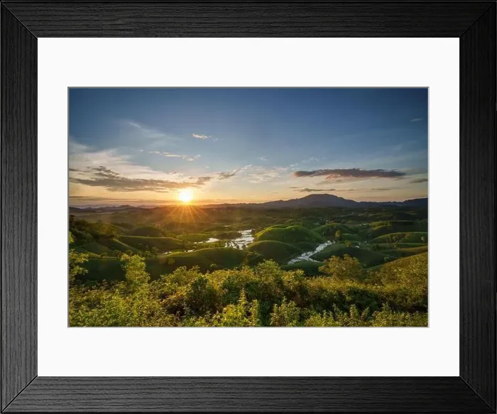 Framed Print : Aerial drone view of sunrise at Long Coc tea field, Phu Tho province, Vietnam Framed Print : Aerial drone view of sunrise at Long Coc tea field, Phu Tho province, Vietnam