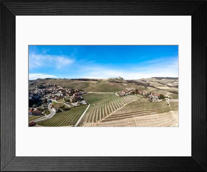 Framed Print : A view of typical vineyards and villages in the Italian Piedmont region near Barolo Framed Print : A view of typical vineyards and villages in the Italian Piedmont region near Barolo