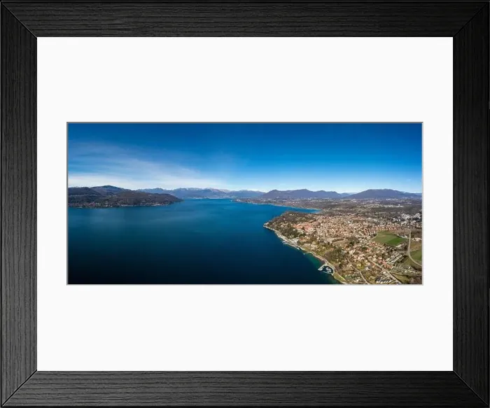Framed Print : Drone landscape panorama of Lake Maggiore in the Italian Lake District and the village of Ispra Framed Print : Drone landscape panorama of Lake Maggiore in the Italian Lake District and the village of Ispra