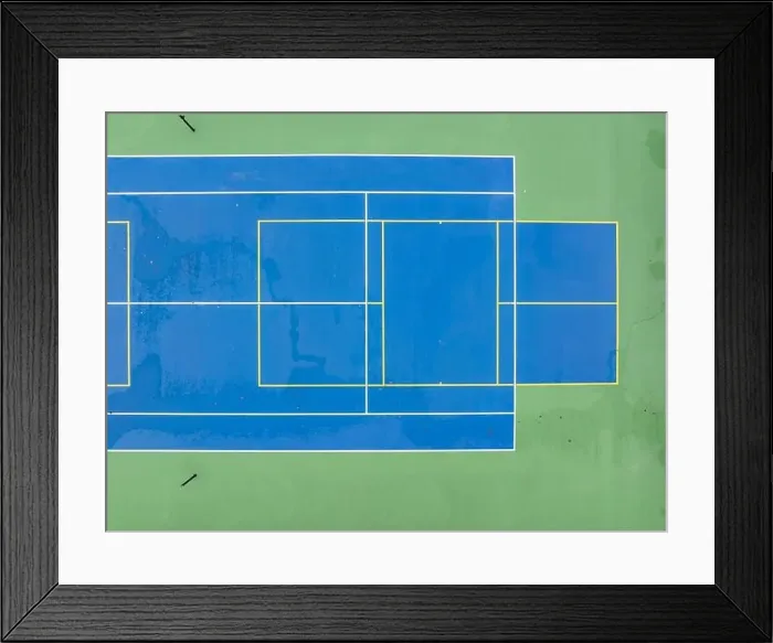 Framed Print : Aerial photo of unusually painted outdoor blue tennis courts with yellow pickleball lines and green out of bounds area Framed Print : Aerial photo of unusually painted outdoor blue tennis courts with yellow pickleball lines and green out of bounds area