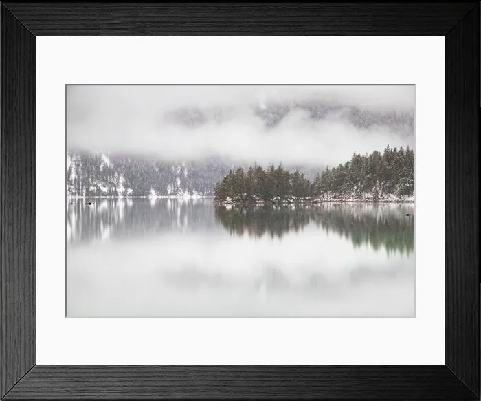 Framed Print : Foggy lake in winter snowfall Framed Print : Foggy lake in winter snowfall
