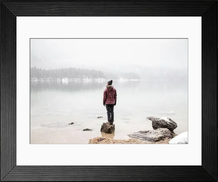 Framed Print : Foggy lake in winter snowfall Framed Print : Foggy lake in winter snowfall