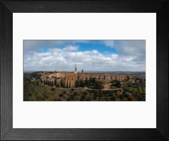 Framed Print : Drone panorama view of the Tuscan hilltop village of Pienza Framed Print : Drone panorama view of the Tuscan hilltop village of Pienza
