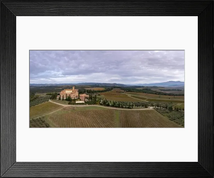 Framed Print : Aerial view of the Poggio alle Mura Castle and Villa Banfi wine resort in Tuscany Framed Print : Aerial view of the Poggio alle Mura Castle and Villa Banfi wine resort in Tuscany