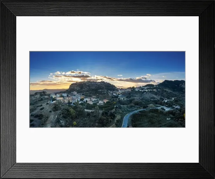 Framed Print : Drone panorama view of the hilltop village of Santa Severina in Calabria at sunrise Framed Print : Drone panorama view of the hilltop village of Santa Severina in Calabria at sunrise